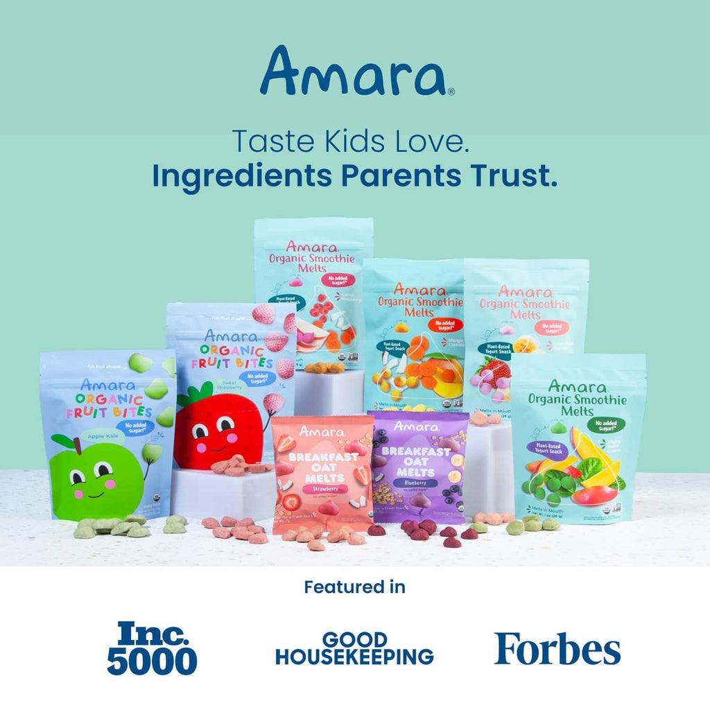 Amara smoothie melts and other snack pouches lineup with brand logo