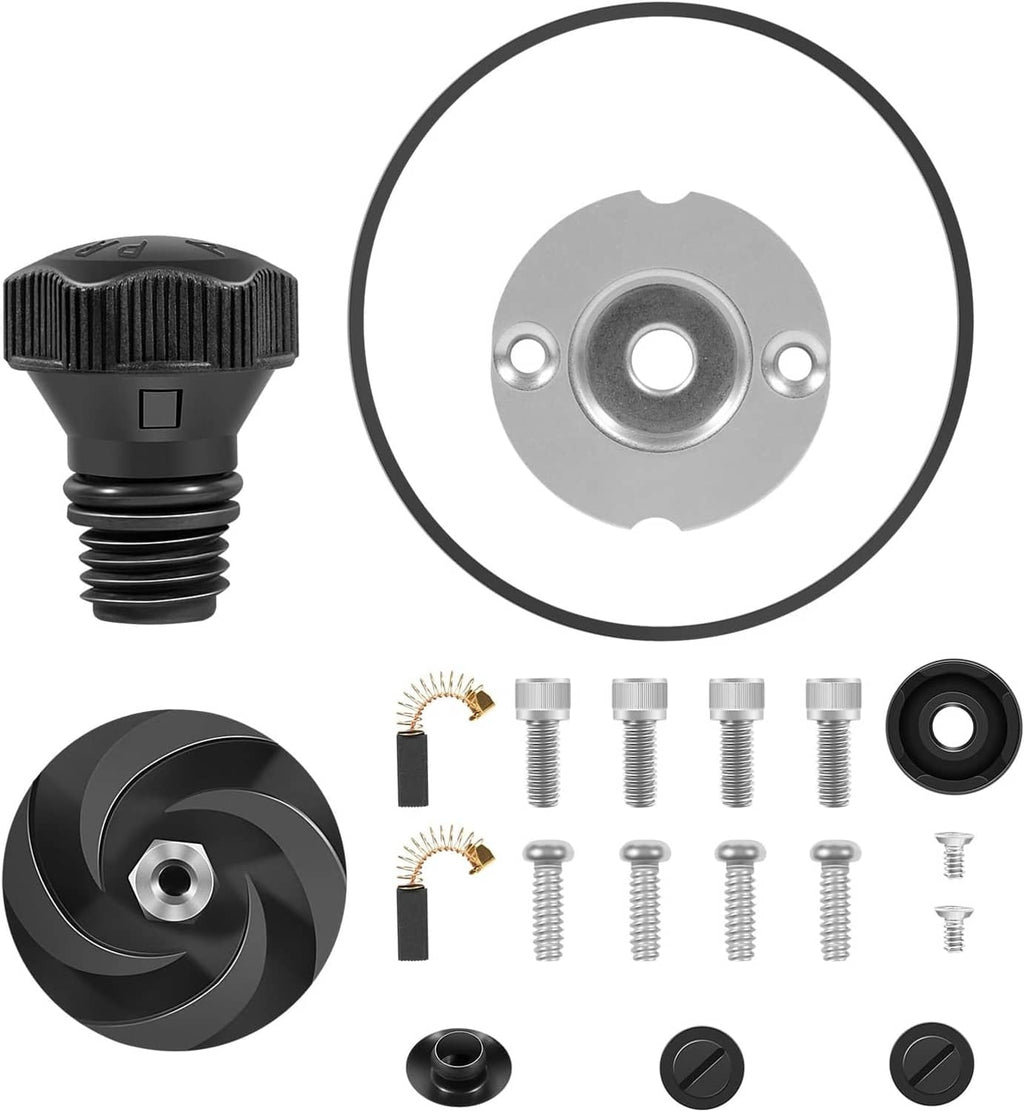 Pump rebuild kit with black cap, impeller, seal plate, gasket ring, screws, and O-rings