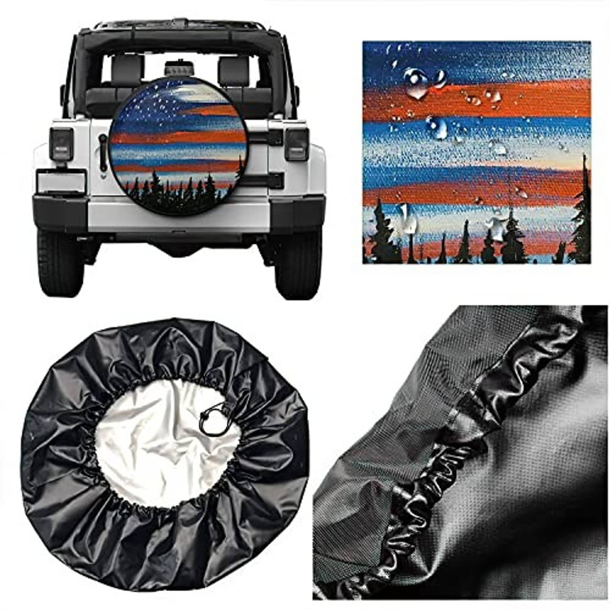Spare tire cover shown with zipper seam and folded fabric panels, blue orange print