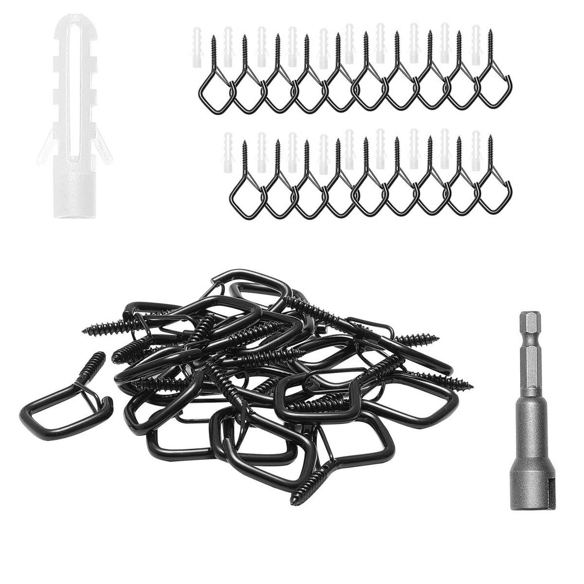 Set of 20 black Q-shaped screw hooks with mounting screws for hanging lights or decor