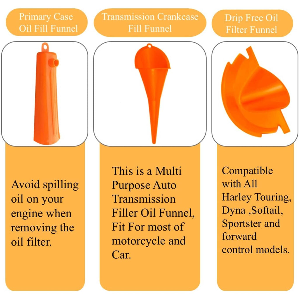 Orange oil fill funnels set: primary case, transmission crankcase, and dip-free filter funnel