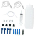 Brake bleeder bottle kit with clear hoses, blue and black fittings, check valves and syringe