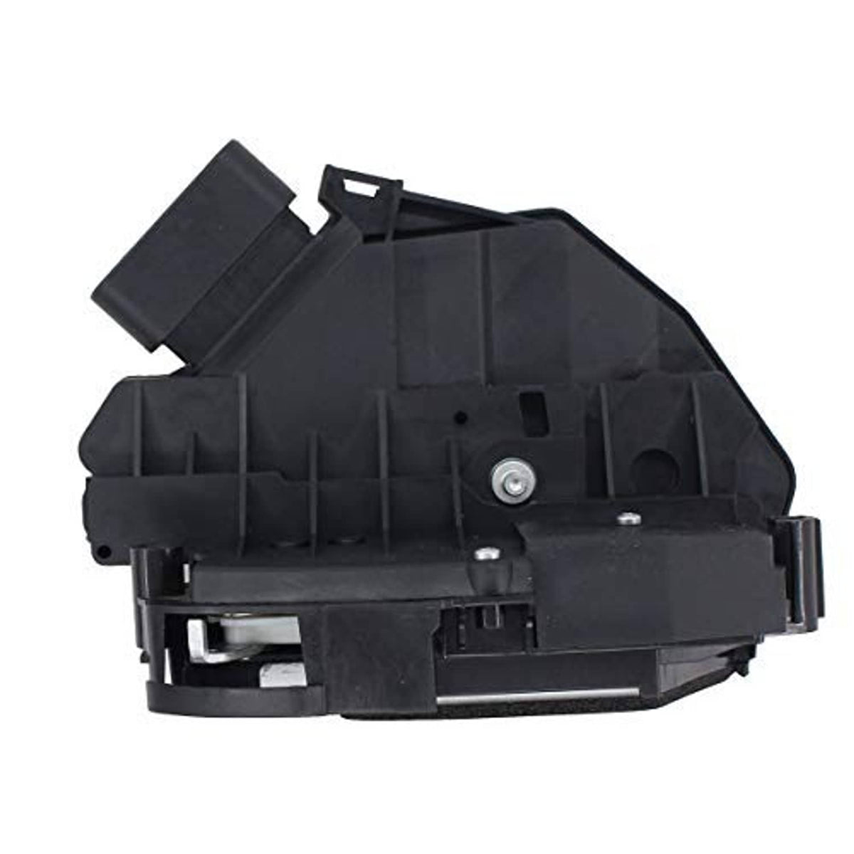 Black door lock latch actuator, reverse side with latch opening and metal screw