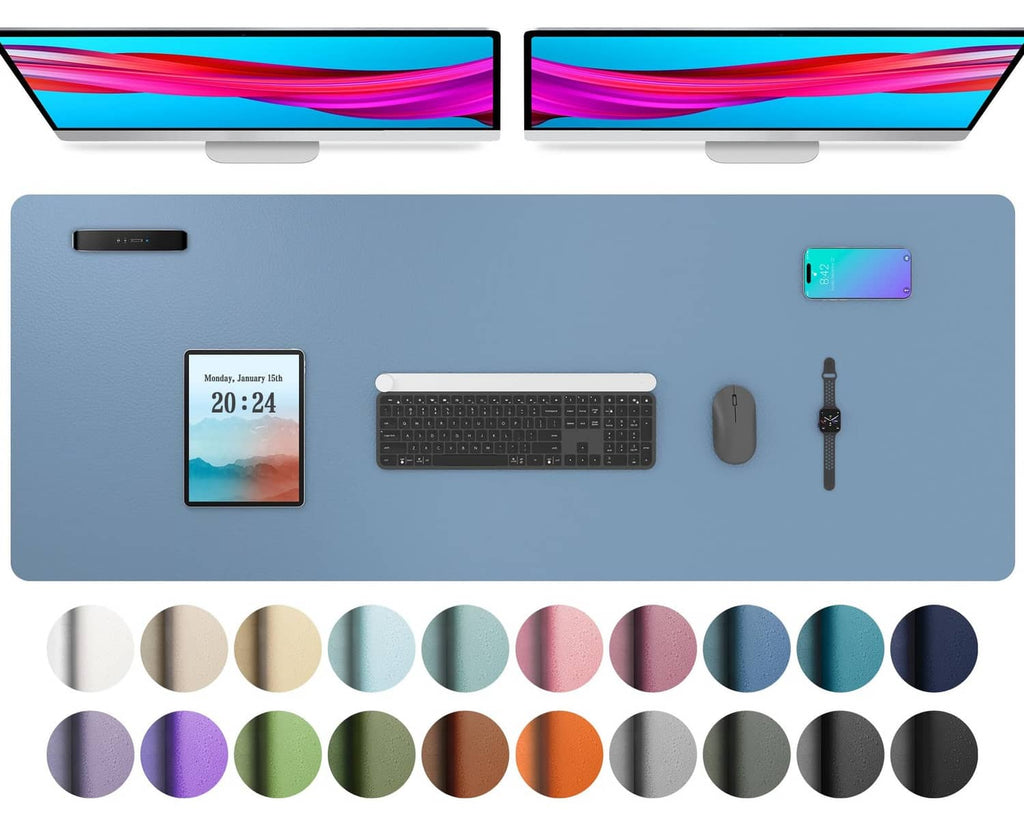 Denim blue desk pad protector with plain edge, shown with multiple color swatches