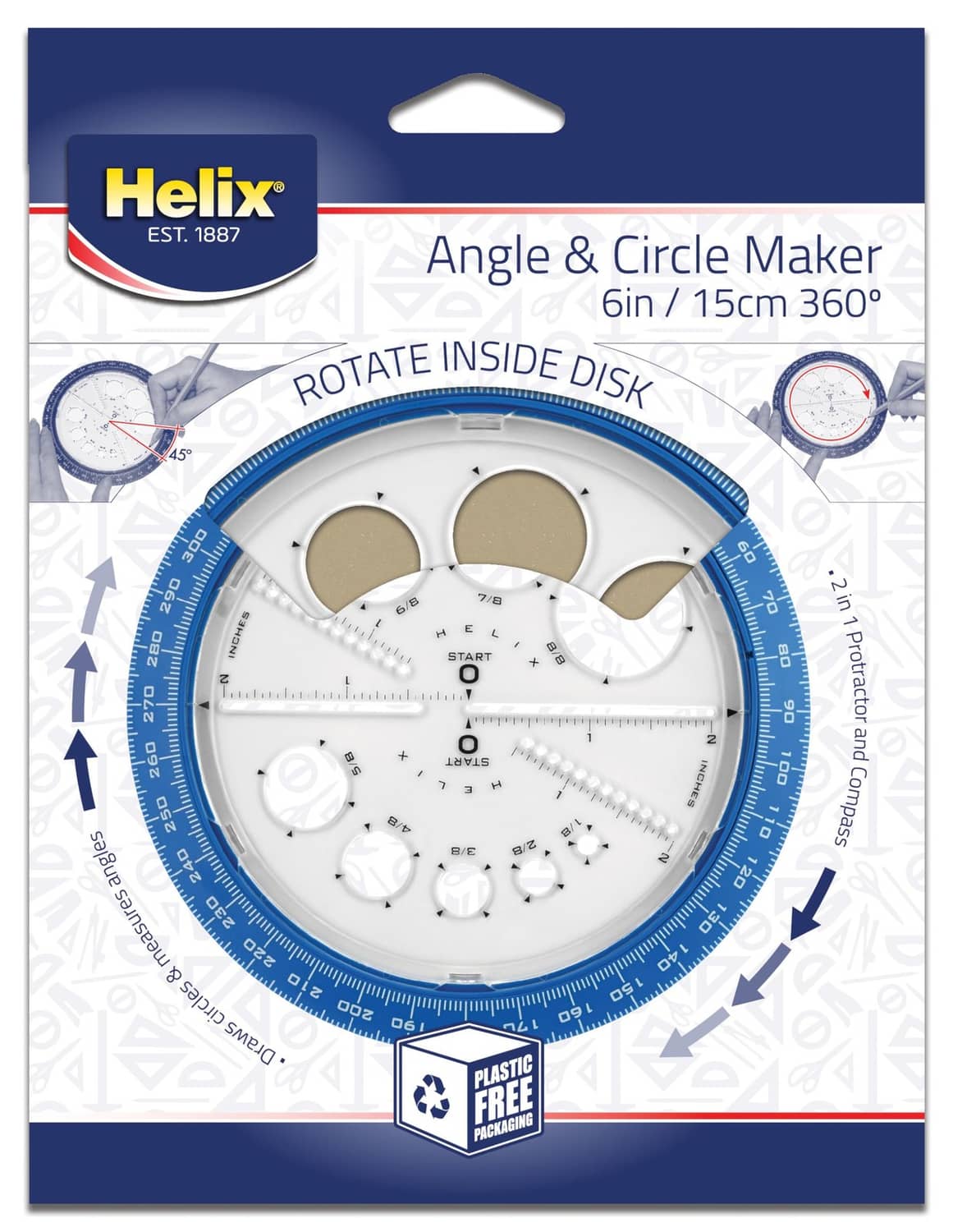 Angle and circle maker template set with blue protractor ring and white measuring guide