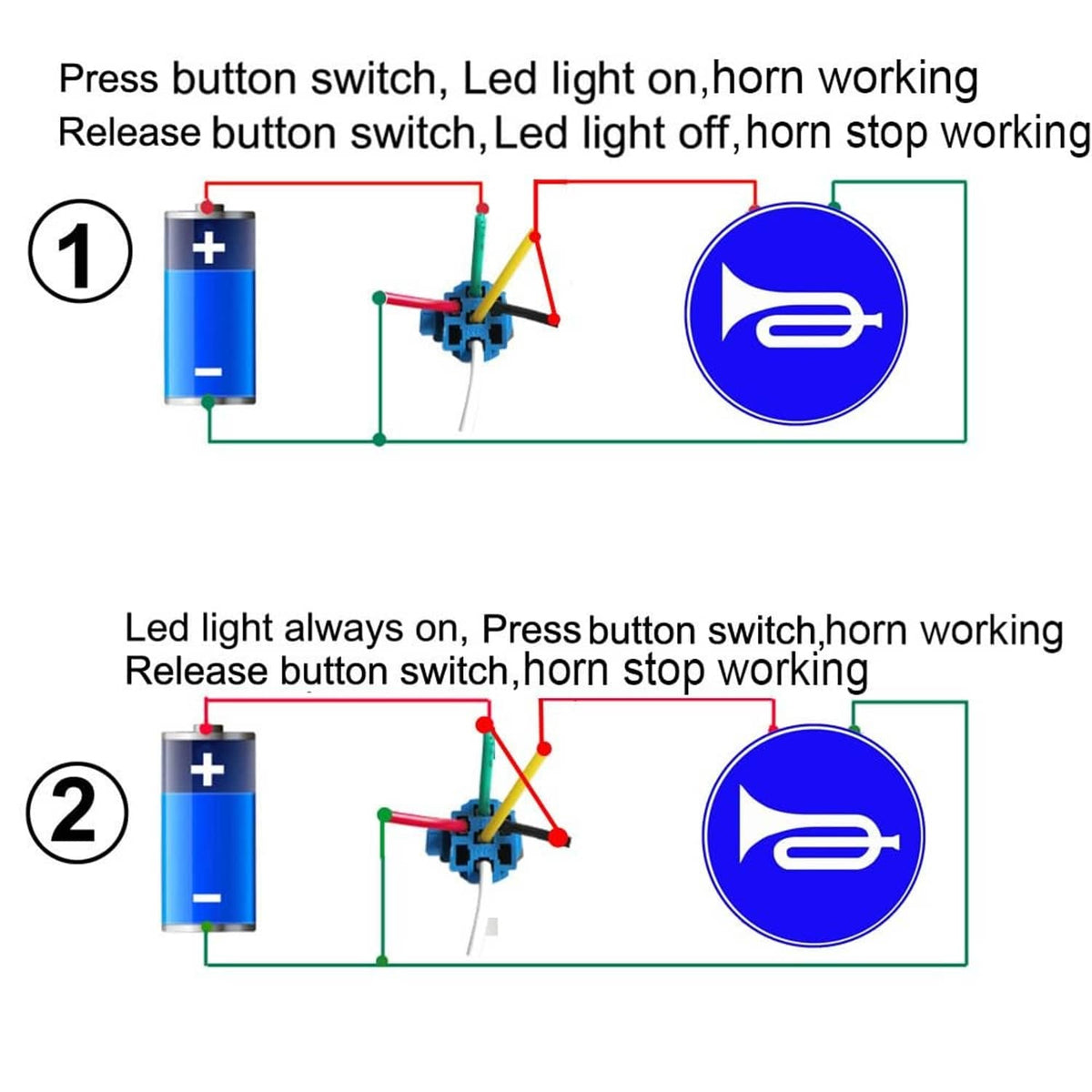 Momentary horn push button wiring diagram with LED-on and horn-working indicator