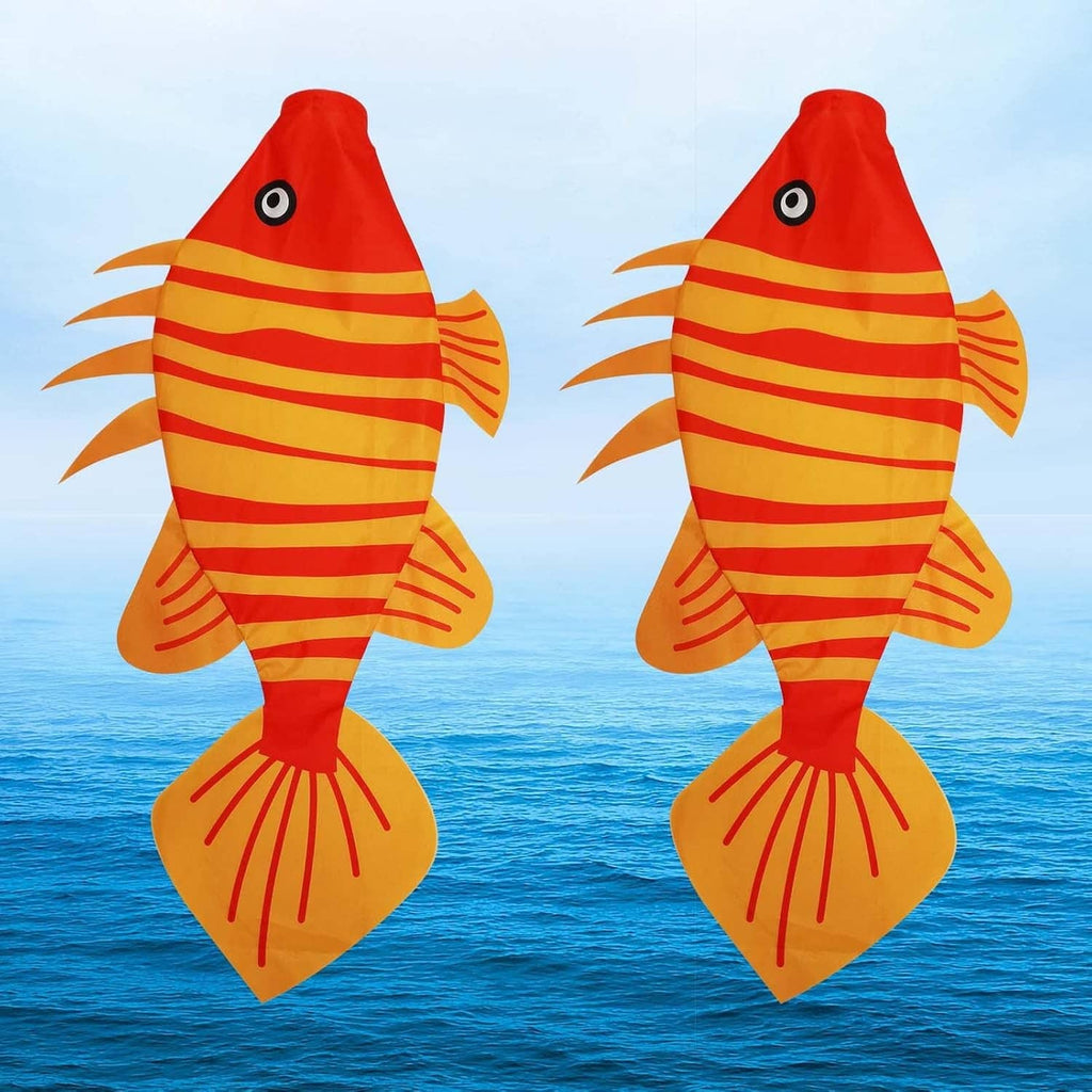 Two red fish wind socks with orange stripe pattern, eye and fin accents