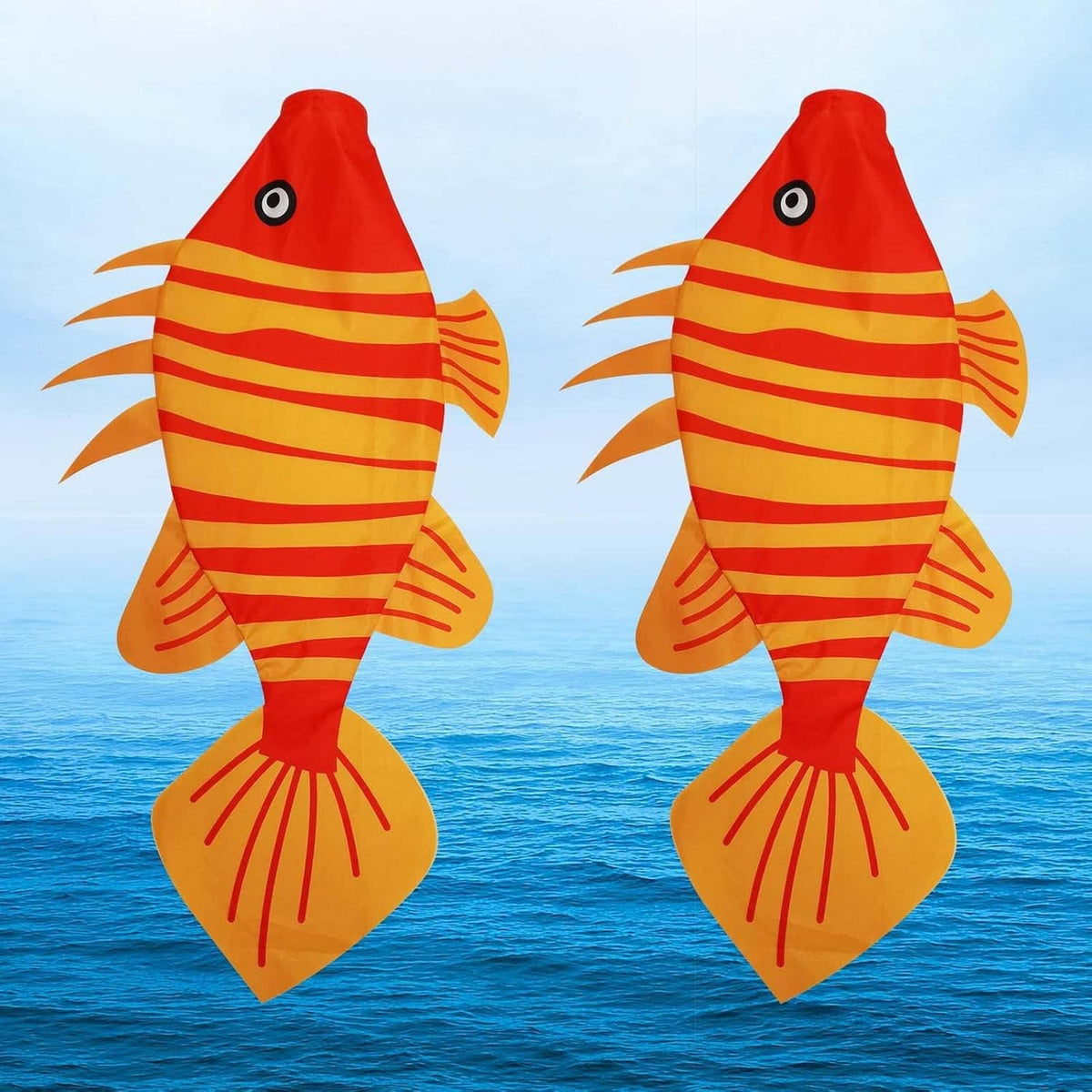 Two red fish wind socks with orange stripe pattern, eye and fin accents