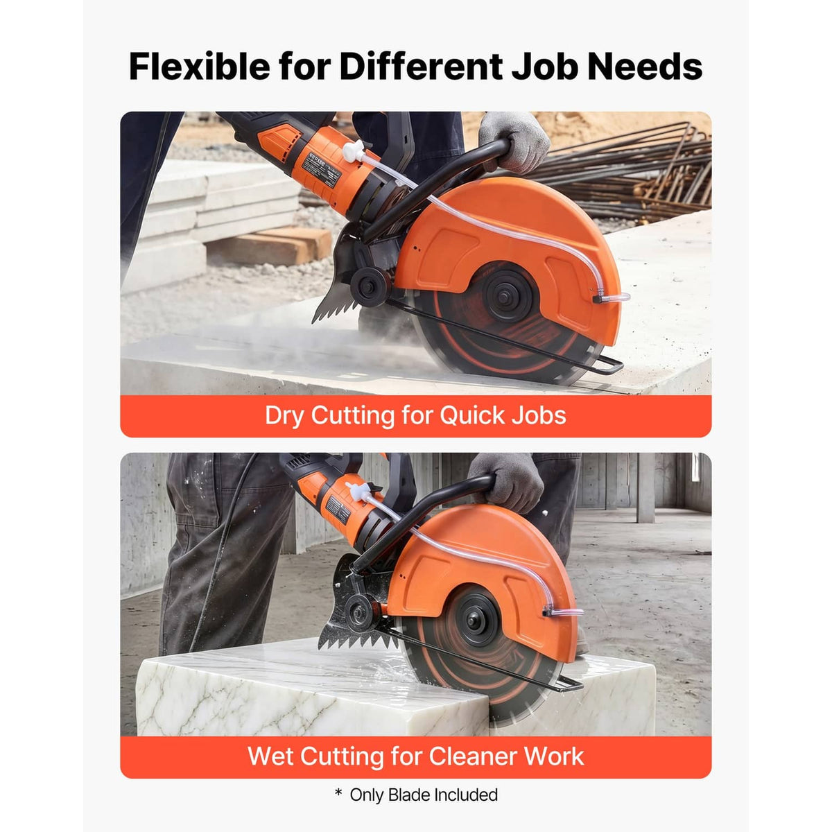 Diamond blade on a saw for dry cutting and wet cutting on masonry surfaces