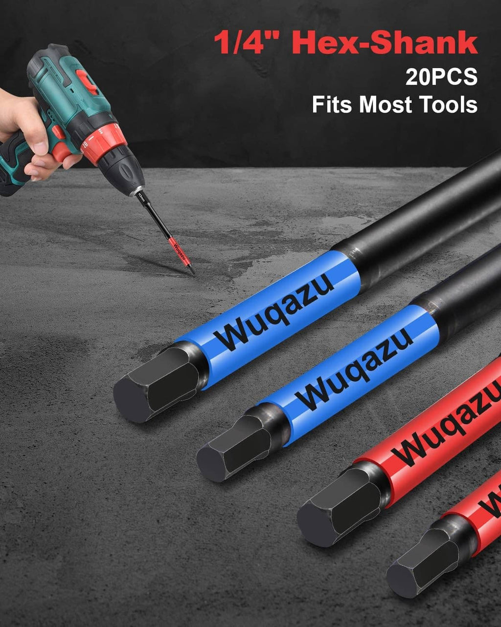 1/4-inch hex-shank impact Allen bits, Wuqazu blue and red labeled shanks