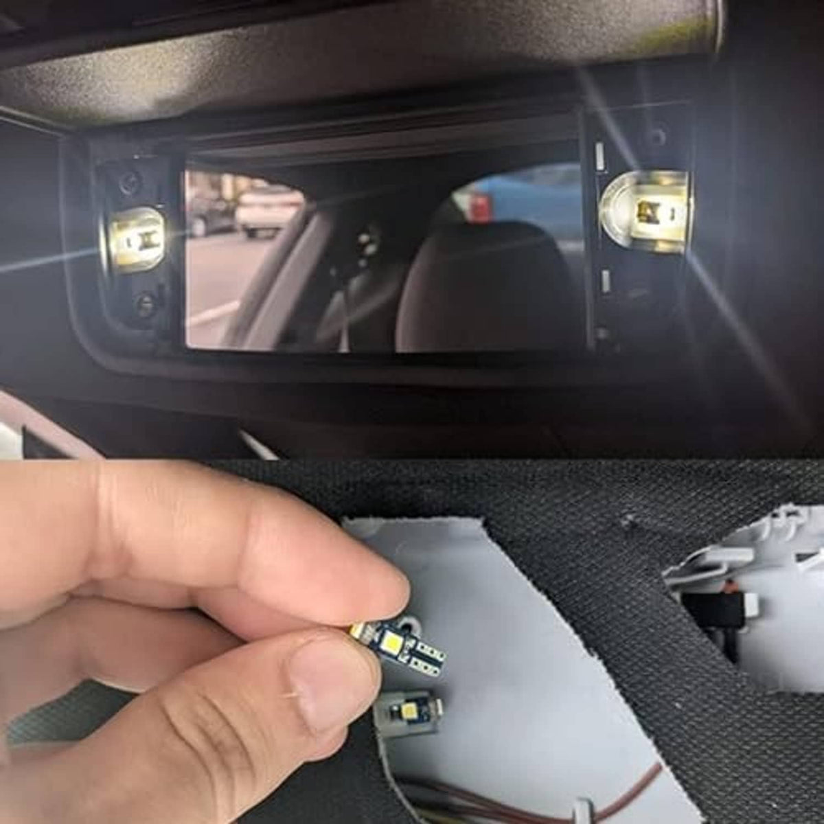 Hand installing a T5 LED wedge bulb connector into a car socket