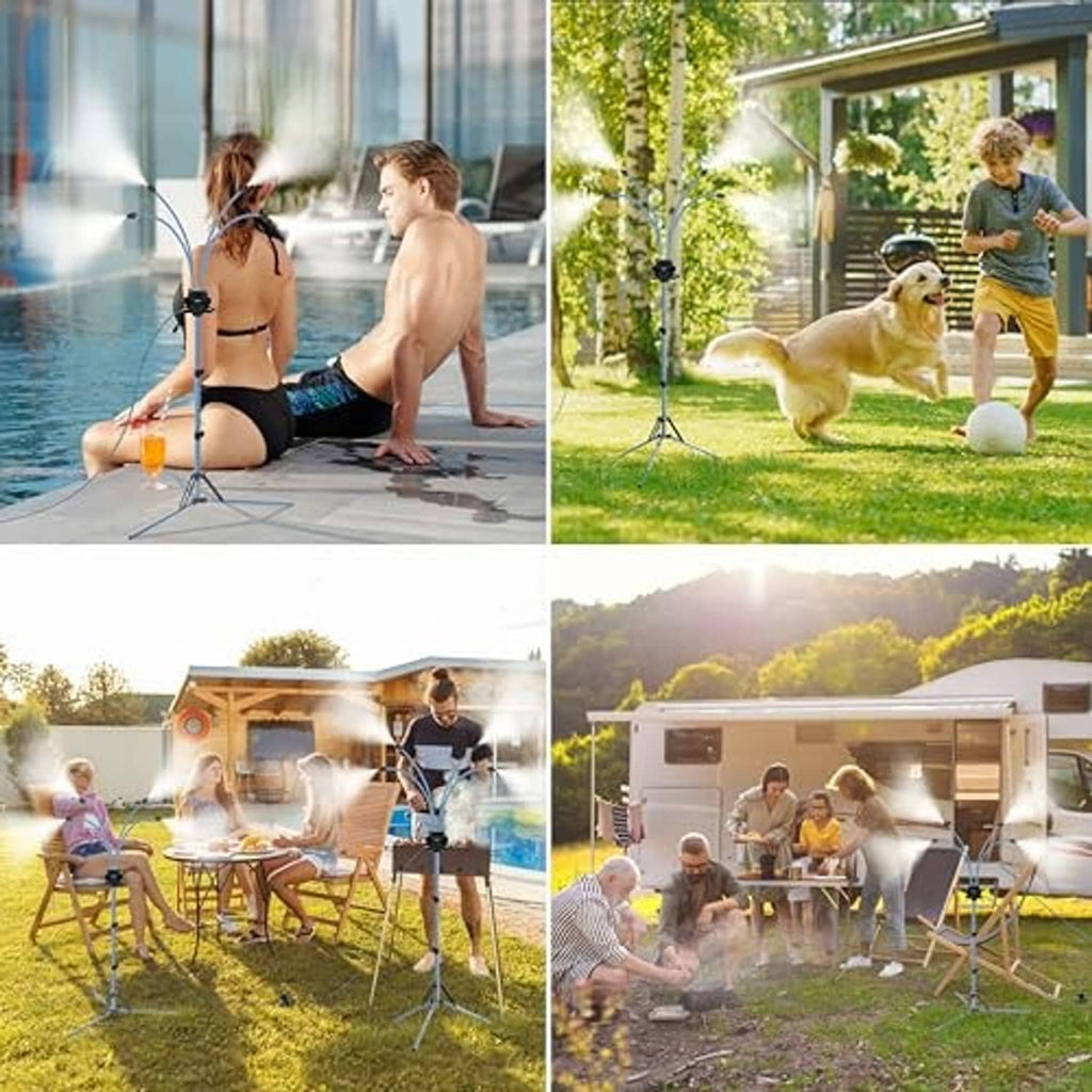 Outdoor patio misting system with standing tripod and spray jets for cooling seating areas
