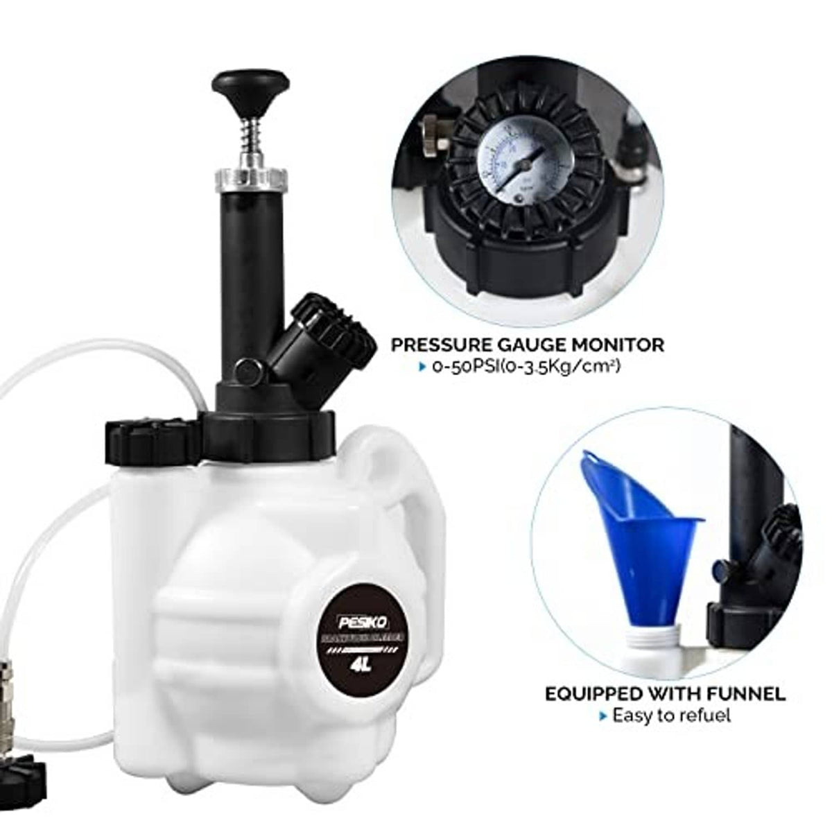 Brake bleeder kit with pressure gauge monitor on black pump head and white reservoir