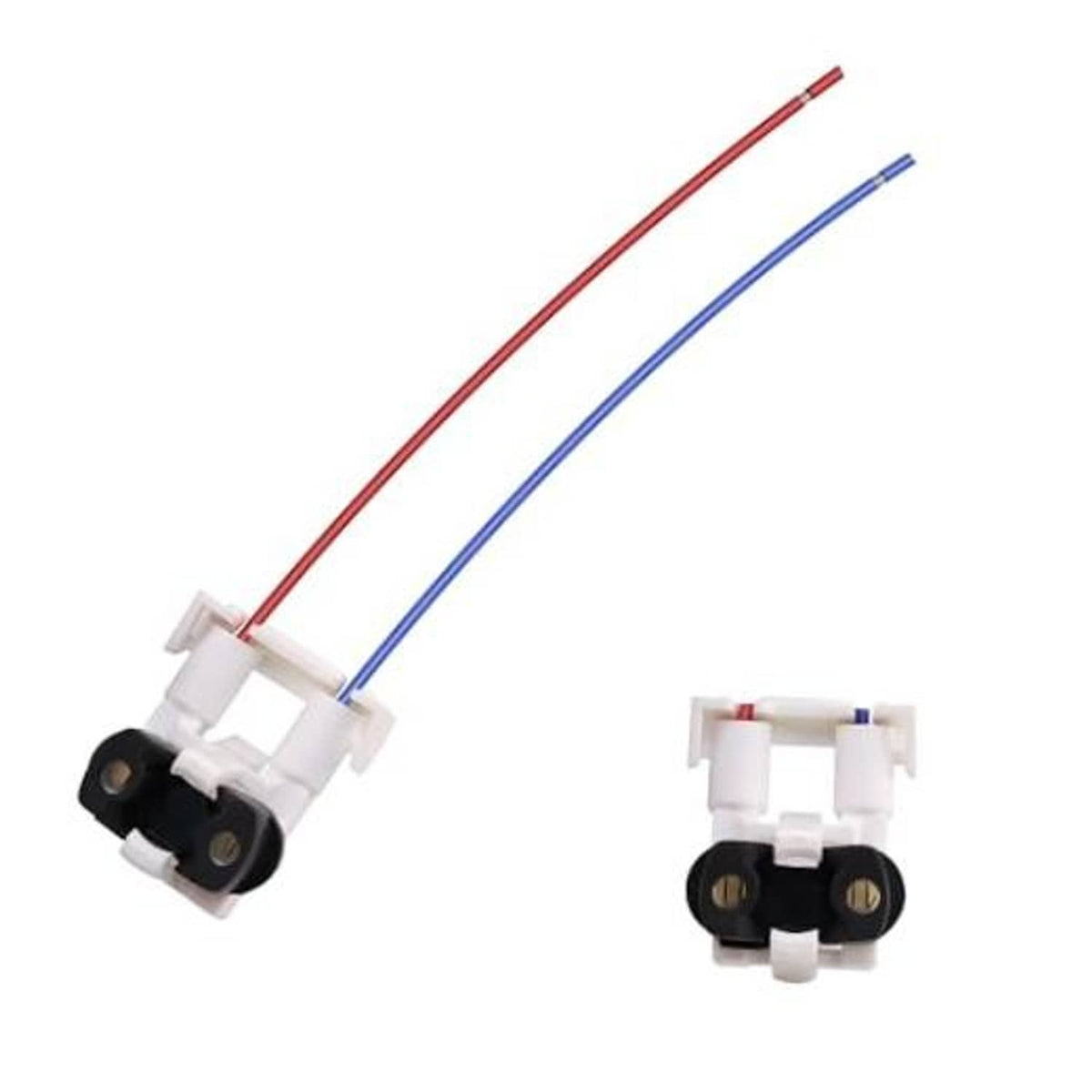 Fuel injector connector harness with red and blue wires, white housing, two black mounts