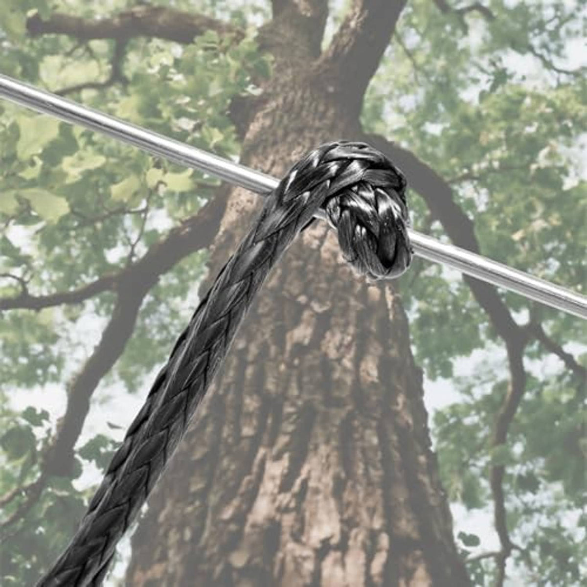 Black climbing stick aider cord around a tree trunk with metal top loops