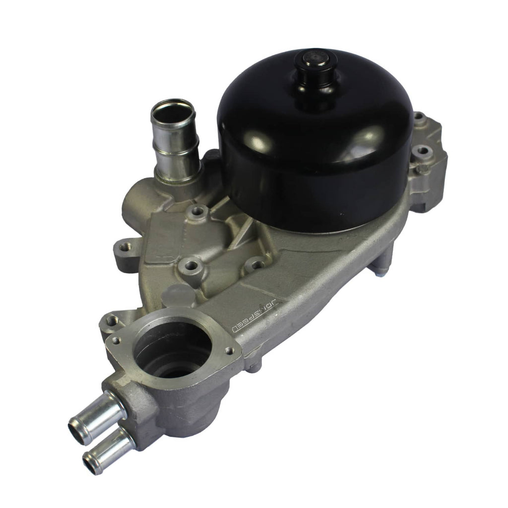 Water pump assembly with black domed cover and silver aluminum base