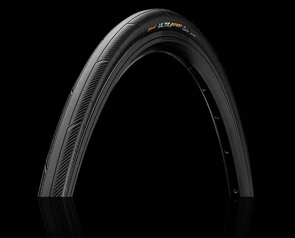 Black bicycle tire casing with Ultra Sport III tread texture and sidewall