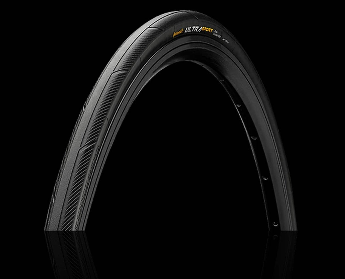 Black bicycle tire casing with Ultra Sport III tread texture and sidewall
