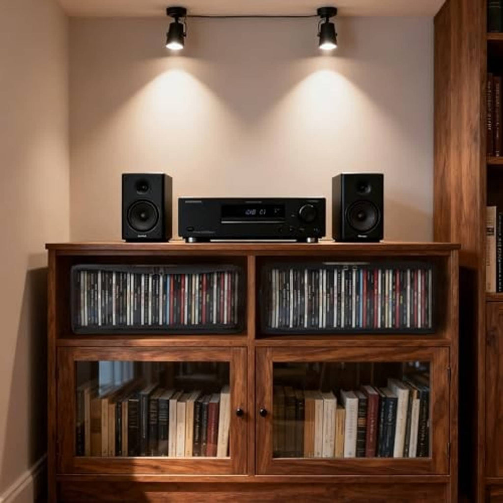 Two black fabric CD storage boxes with clear window lids inside a media cabinet