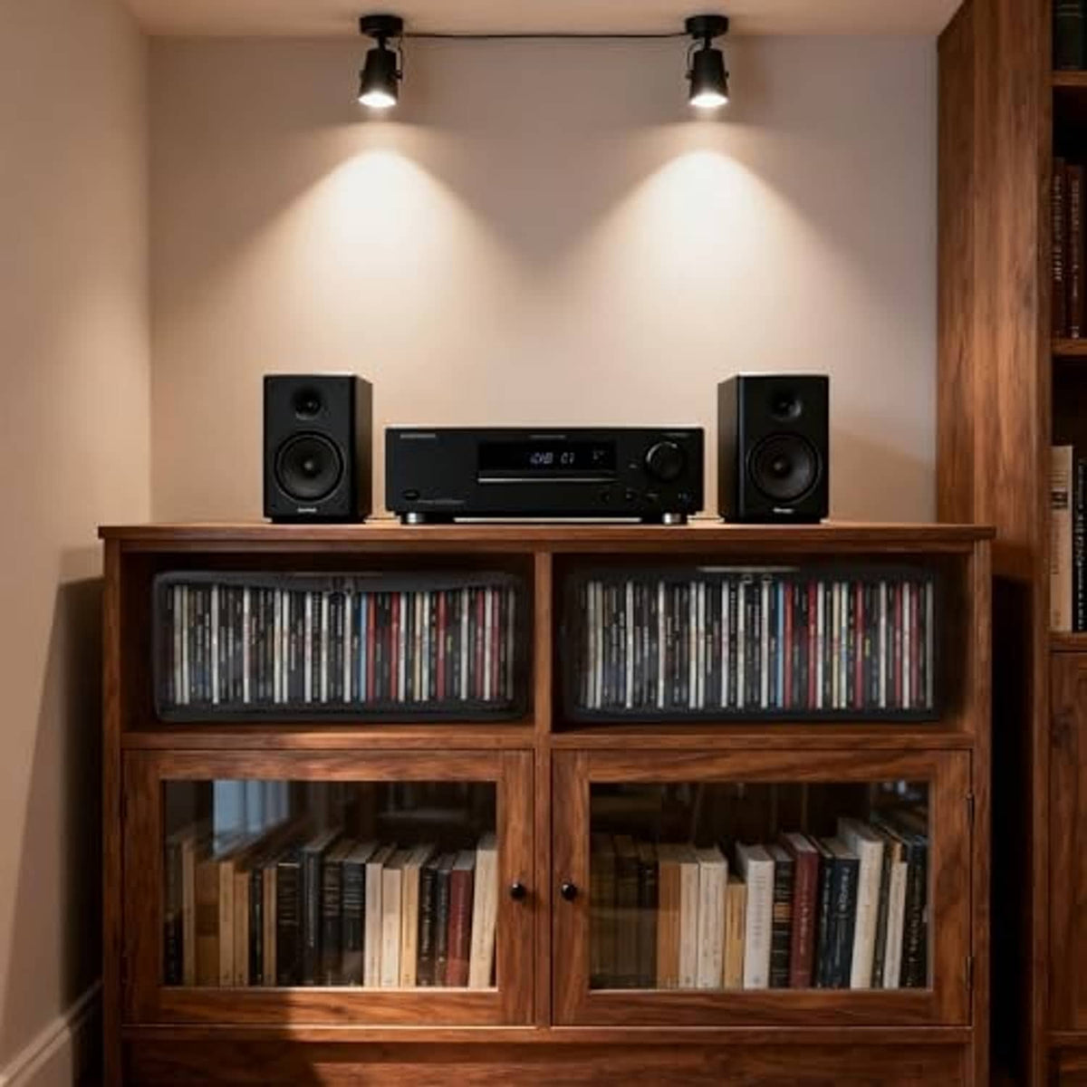 Two black fabric CD storage boxes with clear window lids inside a media cabinet