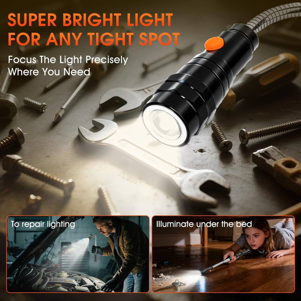 Black telescoping LED magnetic pickup tool shining light on nearby hardware