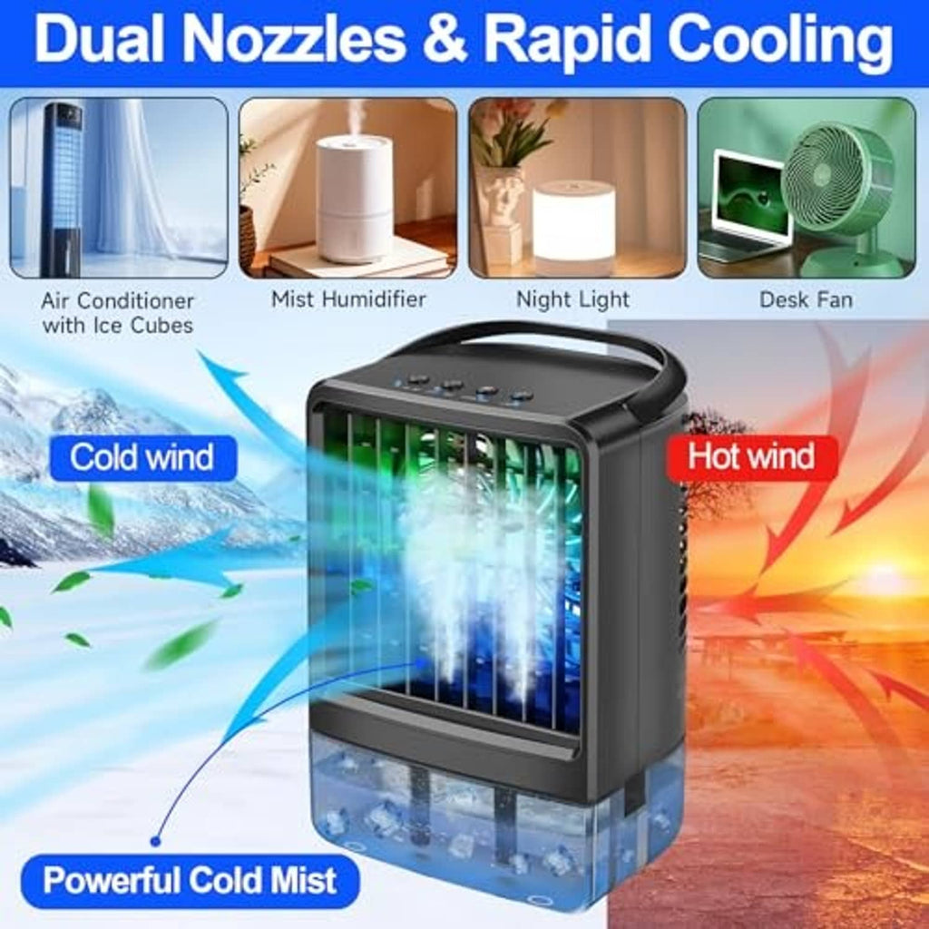 Dark black portable air conditioner cooling fan with front window grille and control buttons