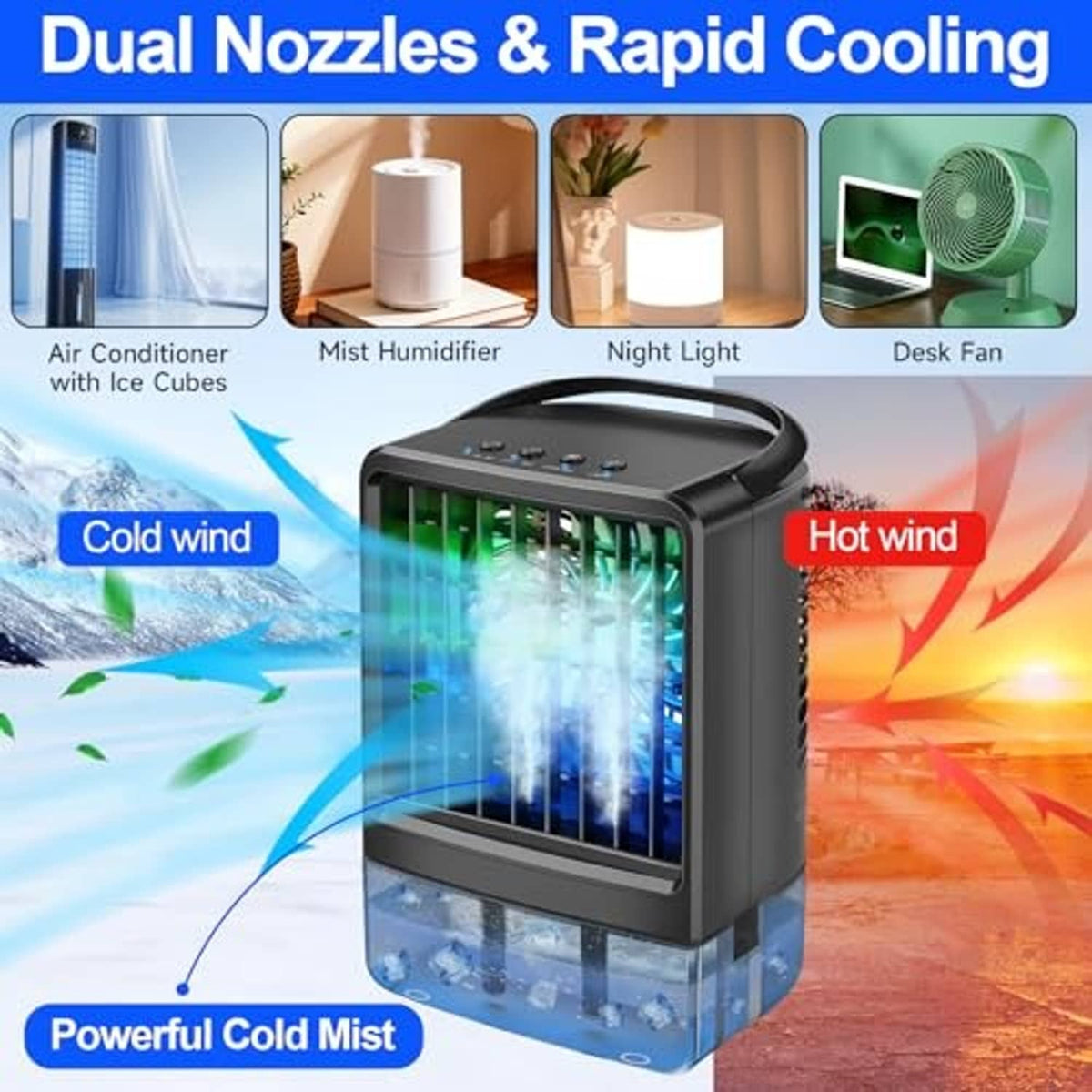 Dark black portable air conditioner cooling fan with front window grille and control buttons