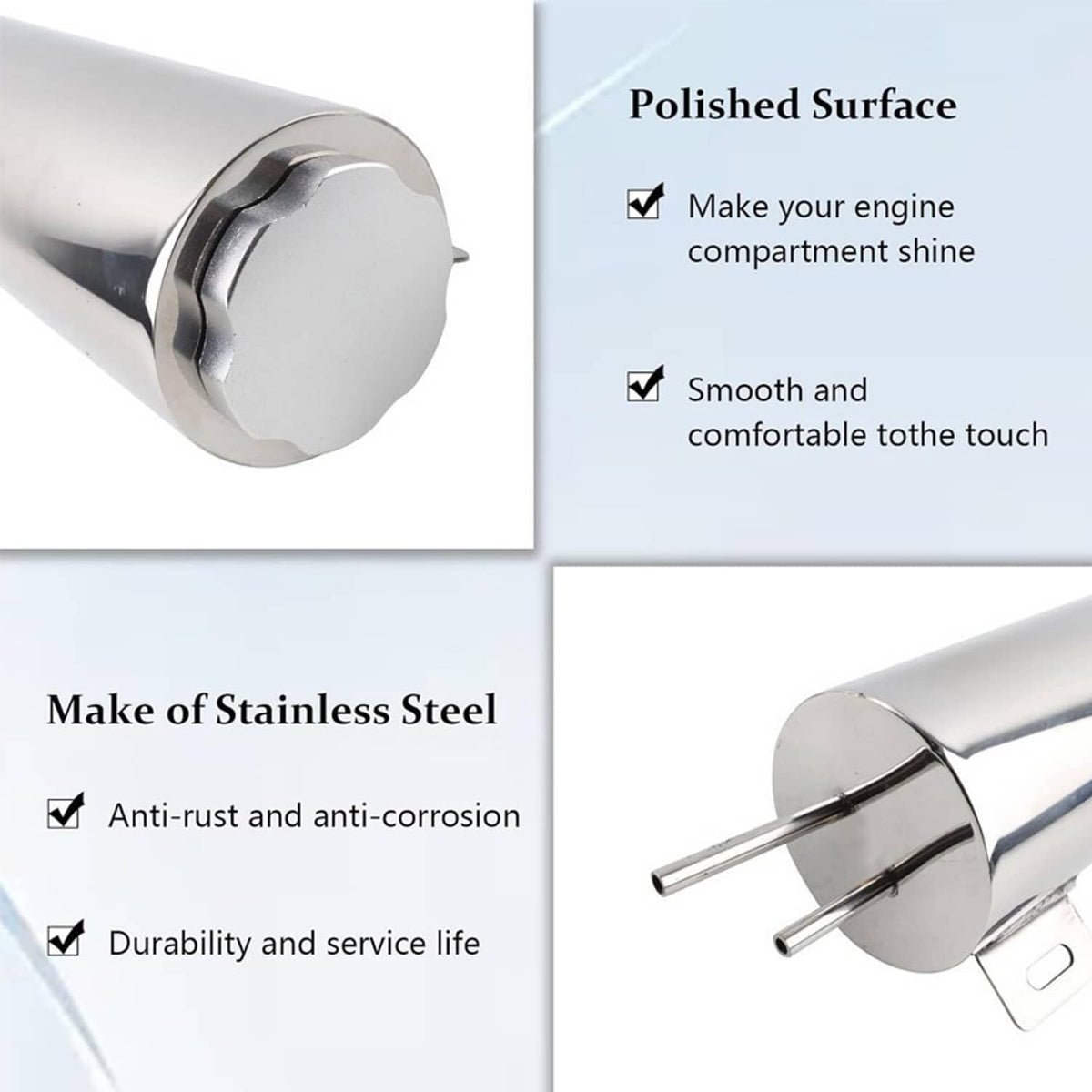 Polished stainless steel overflow tank with smooth end cap and side mounting bracket