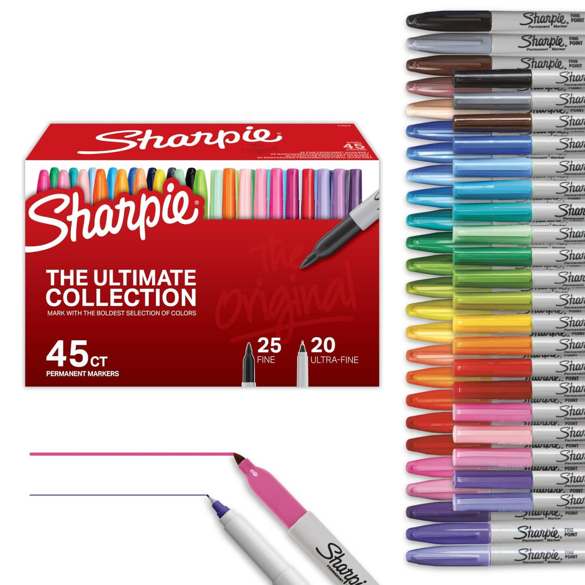 Sharpie 45-count ultra-fine permanent marker set, boxed with markers