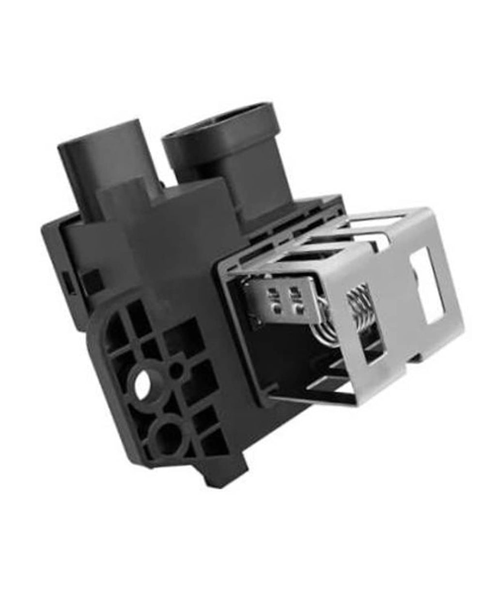 Black engine cooling fan relay with multi-pin electrical connector and mounting clips
