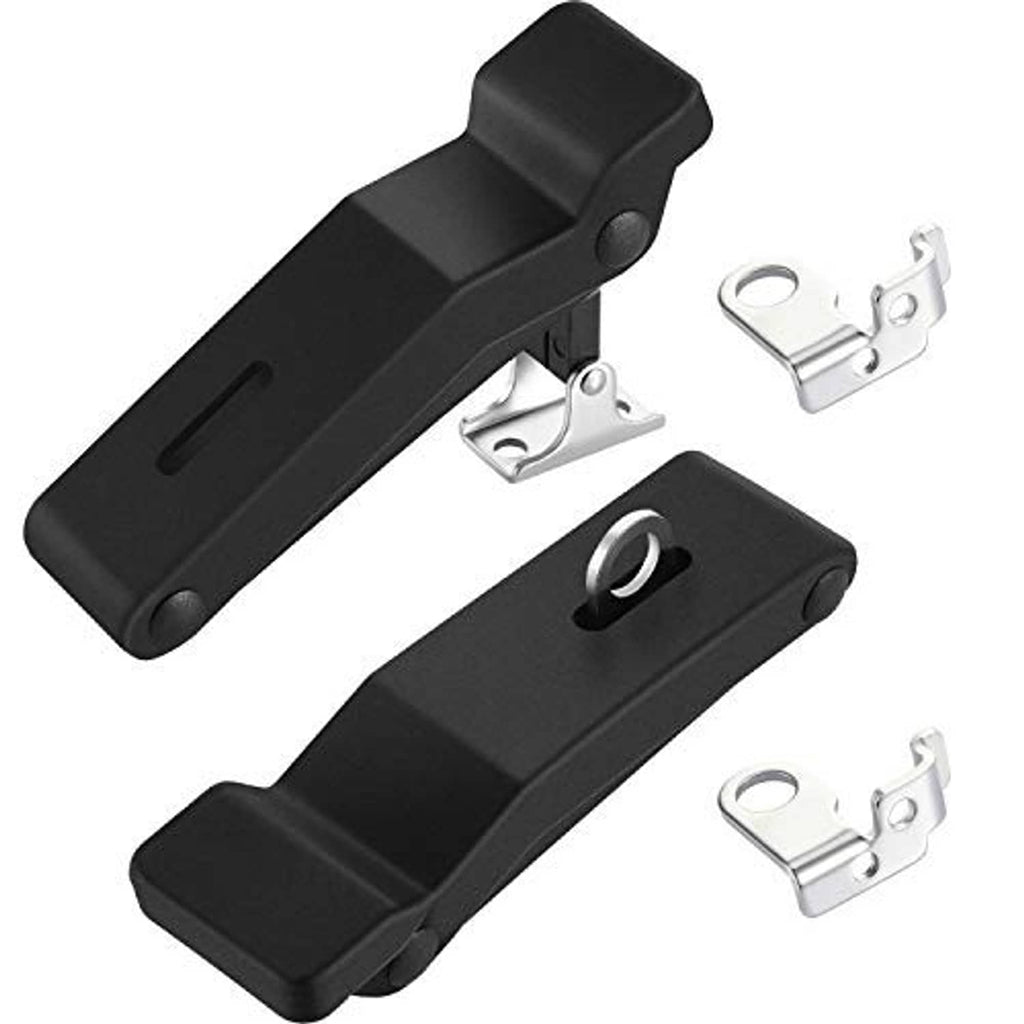 Two black rubber latch brackets with circular hole and metal mounting clips