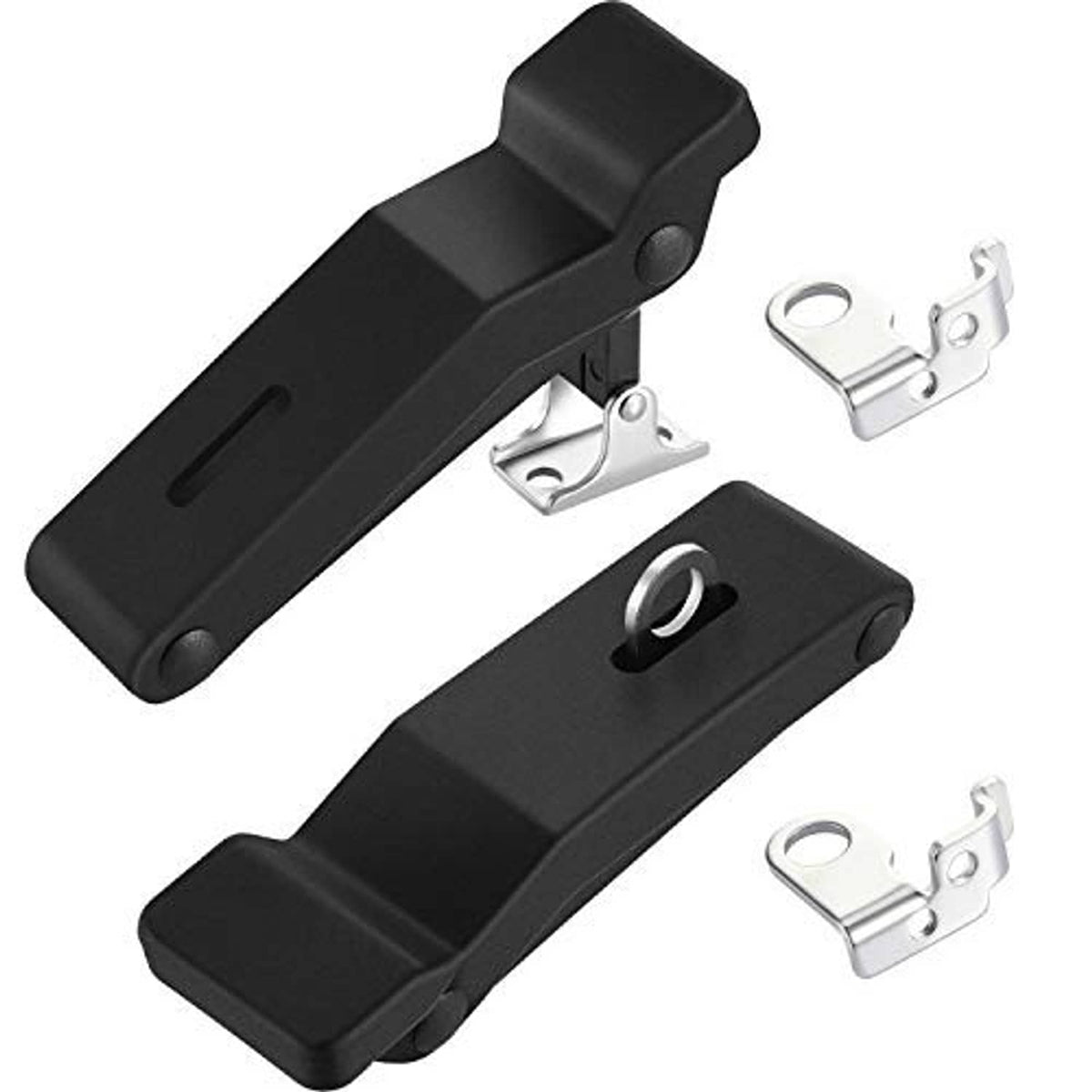 Two black rubber latch brackets with circular hole and metal mounting clips