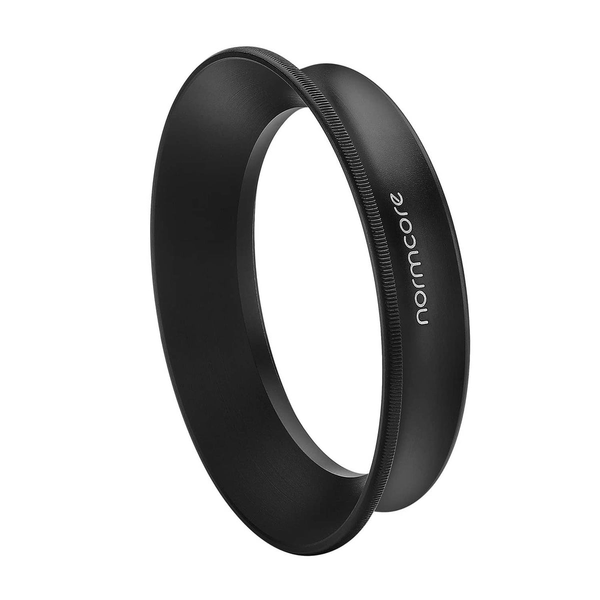 Normcore black magnetic dosing funnel ring, side view showing textured rim.