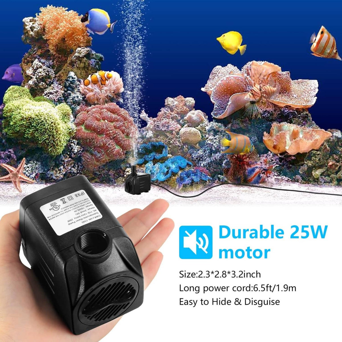 Black 25W submersible water pump held in hand for aquarium circulation