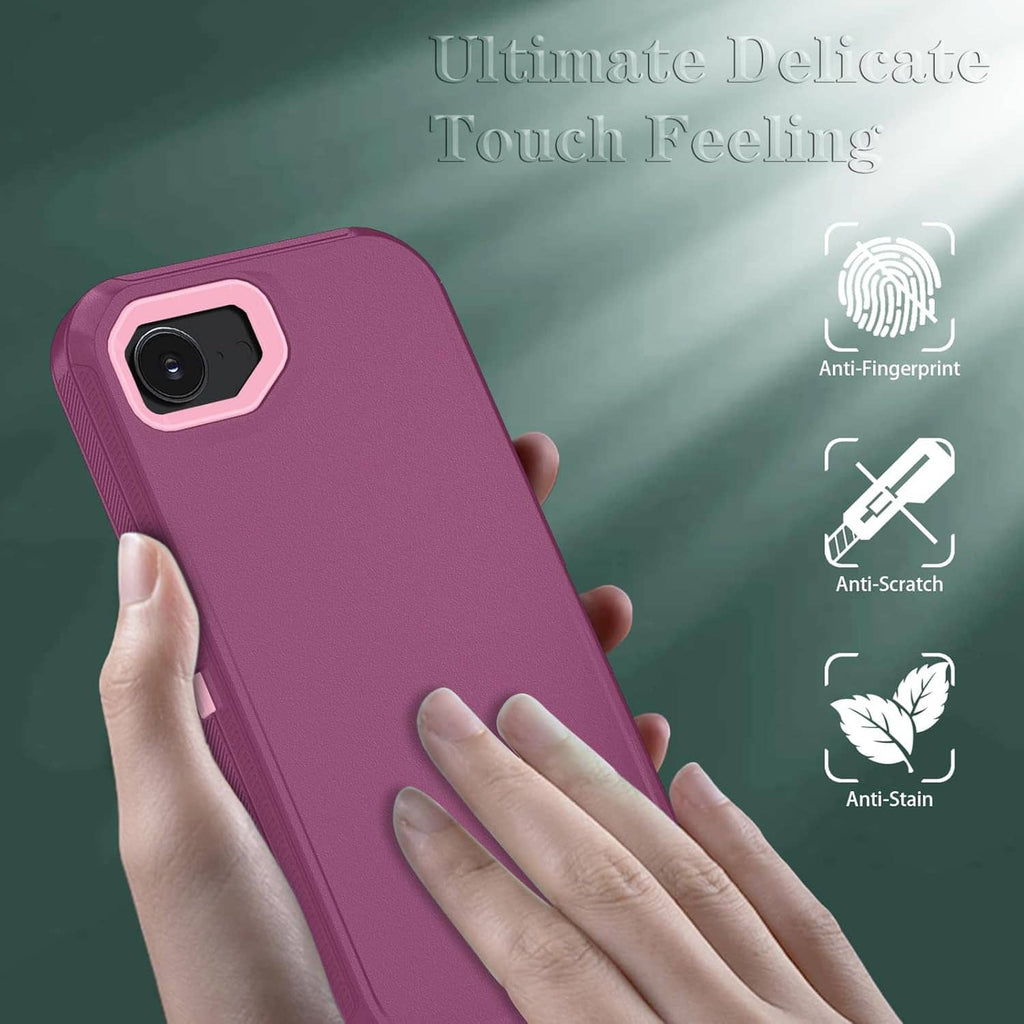 Purple phone case with anti-fingerprint finish; side buttons and camera cutout shown.
