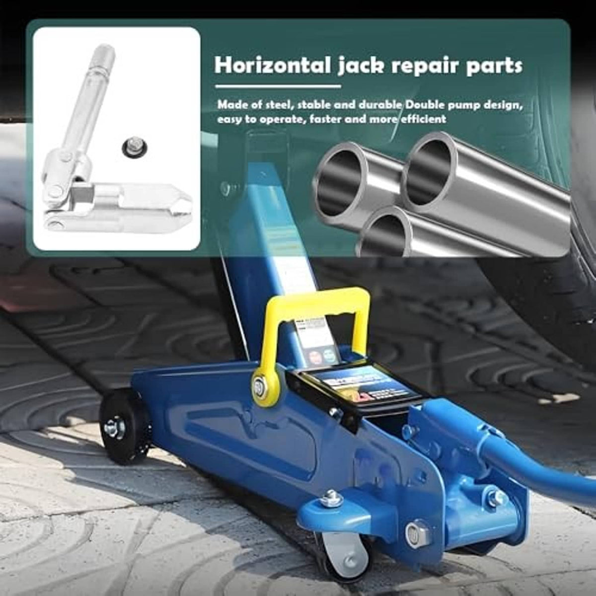 Blue horizontal floor jack with silver universal joint drop shaft repair part inset