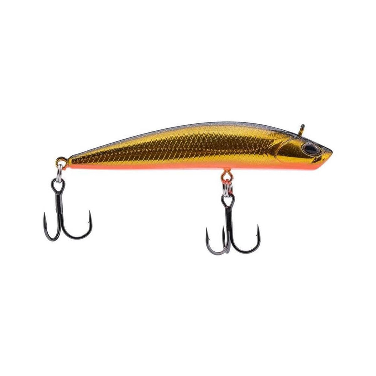 Gold and orange sinking glide bait fishing lure with two treble hooks and split rings