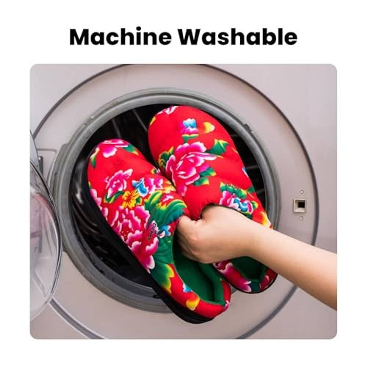 Floral slip-on slippers being washed in a washing machine, red upper with green lining.