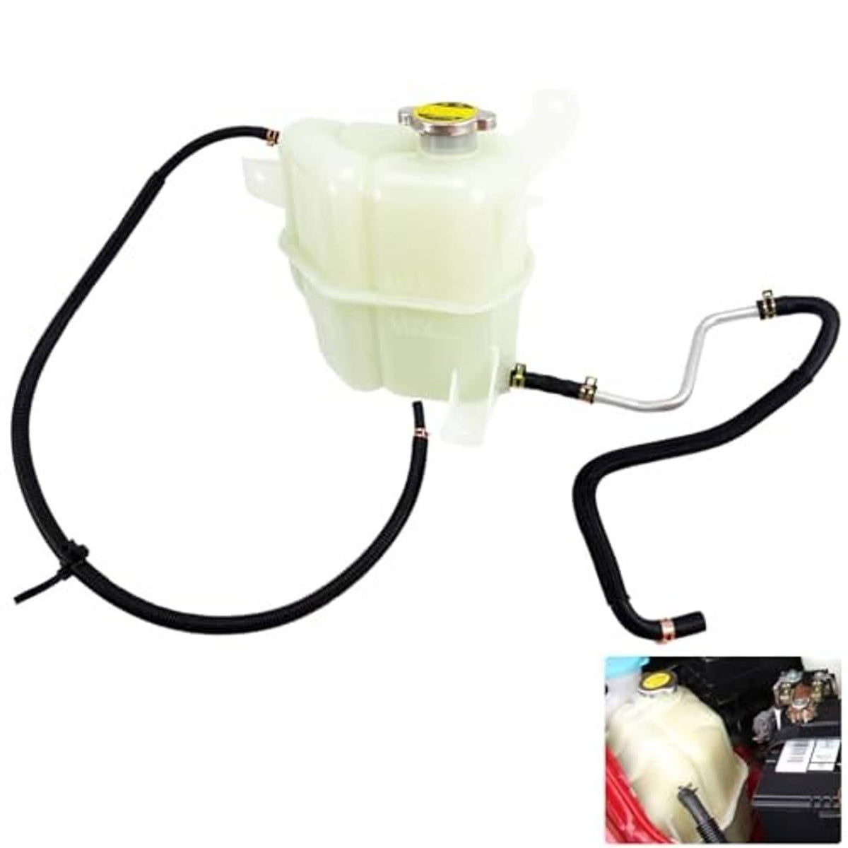 Engine coolant reservoir tank with cap and hoses, pale translucent tank with black lines