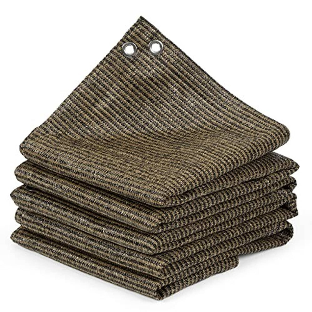 Mocha woven shade cloth with two top grommet holes, neatly folded