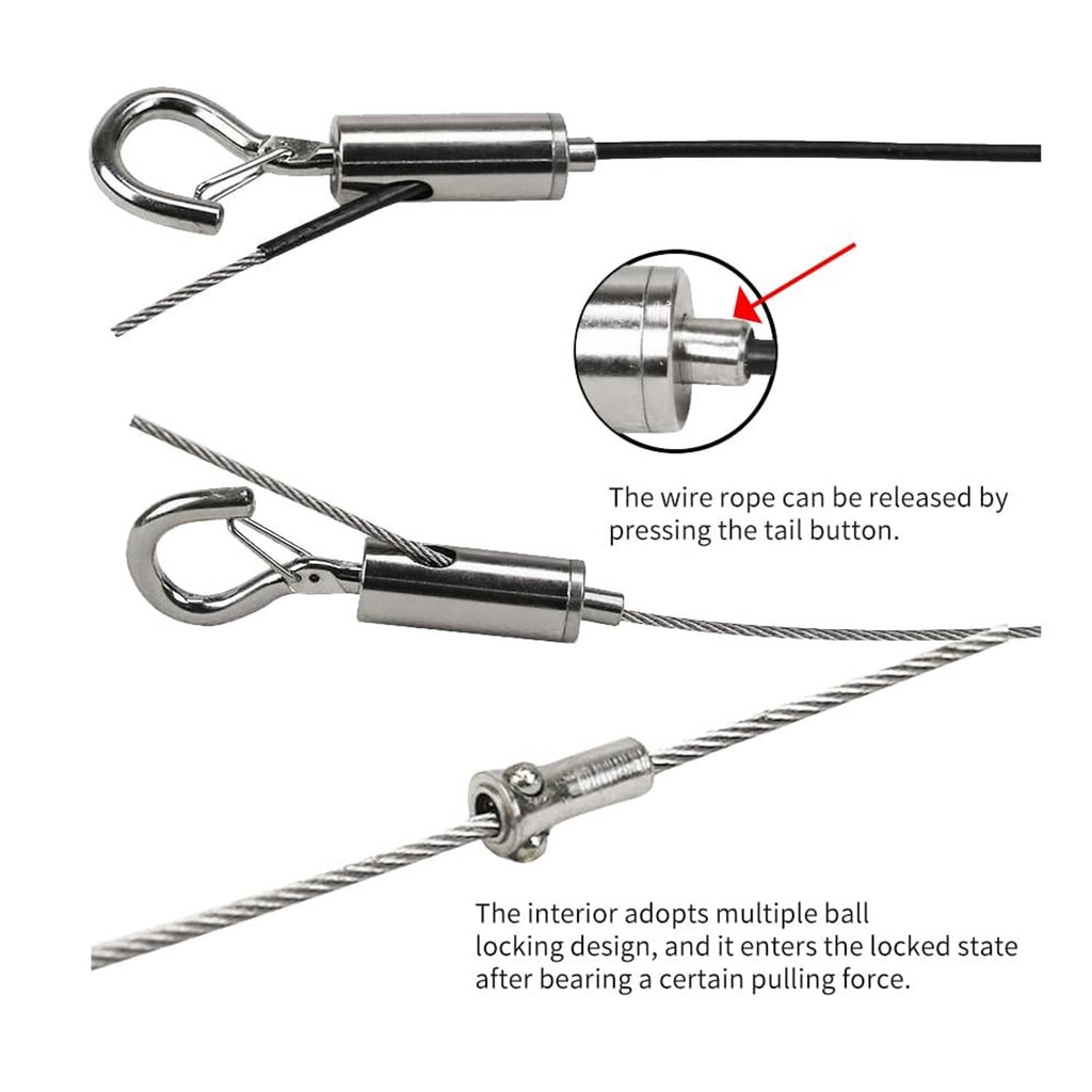 Turnbuckle tensioner with braided wire rope and cable release tail button