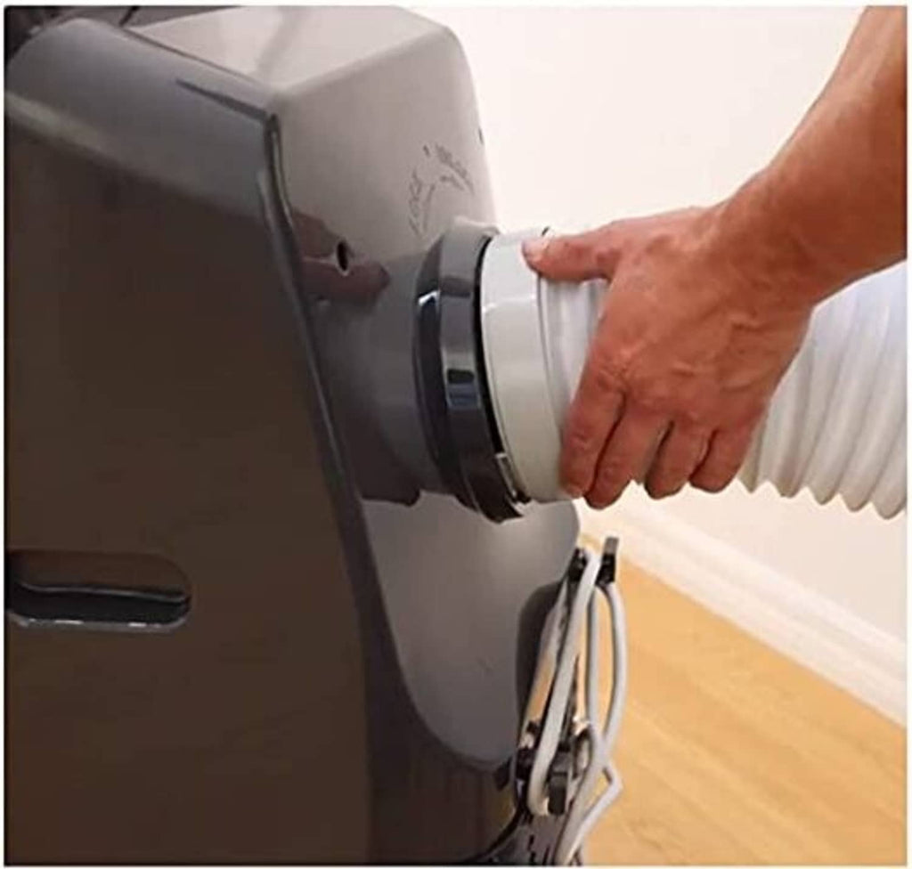 Hand attaching AC exhaust hose coupler ring to portable air conditioner outlet