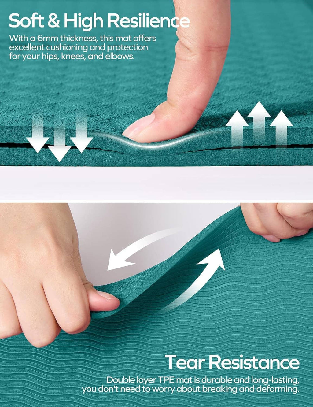 Teal yoga mat with 6mm cushioning and grippy surface, hands pressing for support