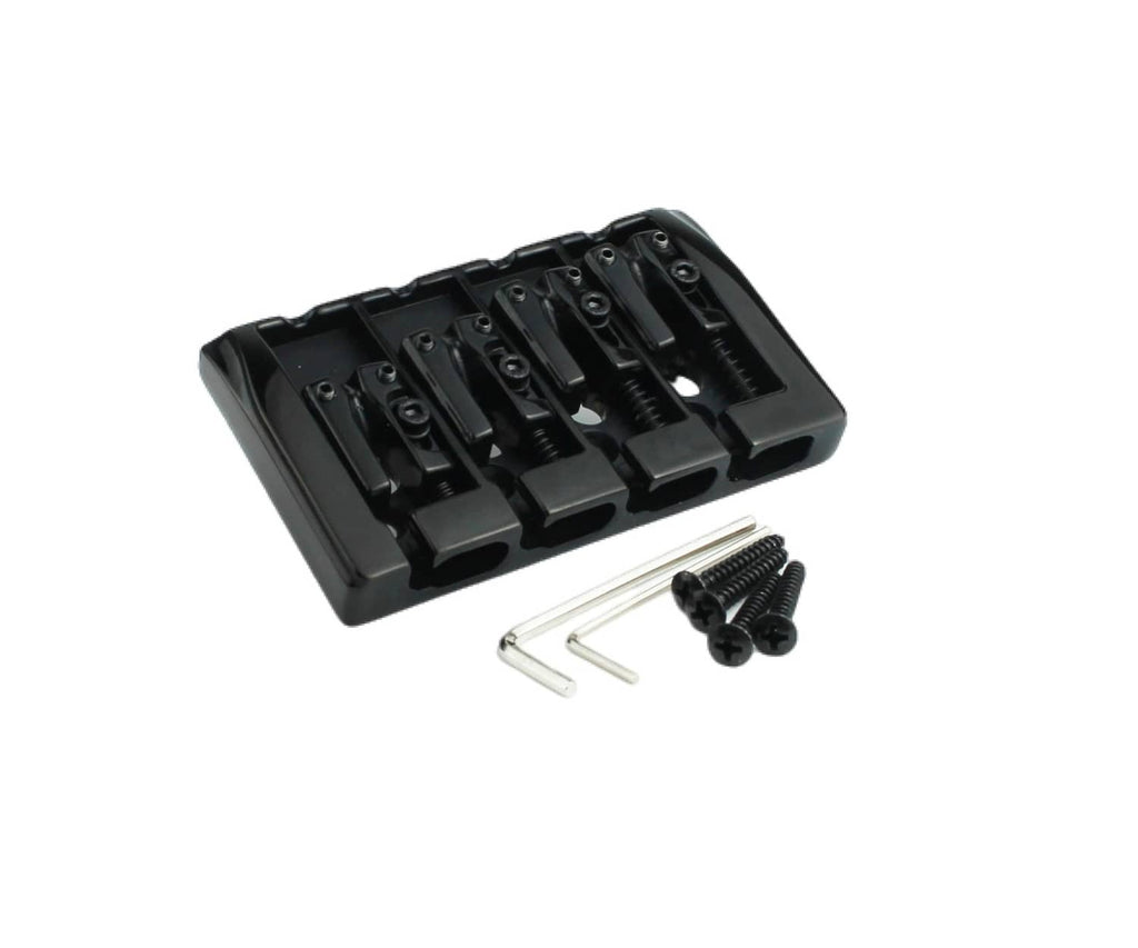 Black 4-string fixed bass guitar bridge with saddles and included mounting screws