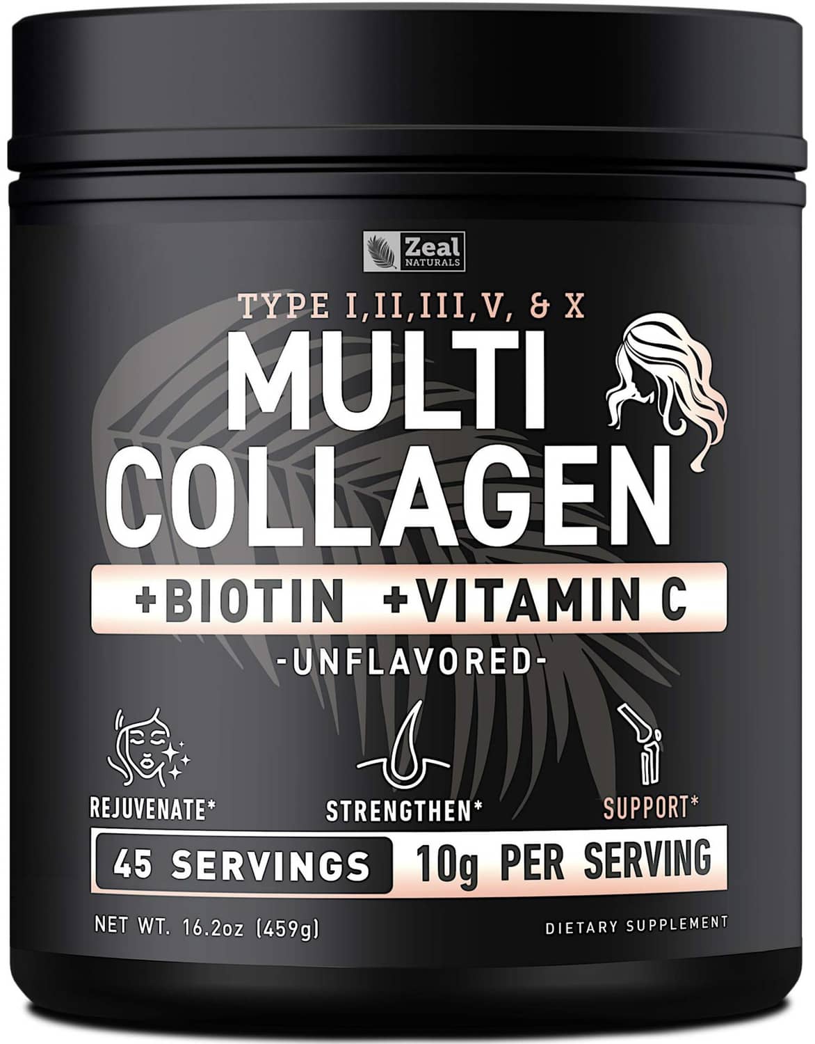 Multi-collagen peptides protein powder tub, black with “Multi Collagen + Biotin + Vitamin C”