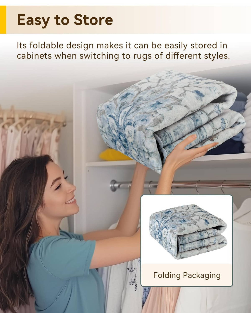 Folded round blue-and-gray area rugs with ornate pattern, stacked for storage