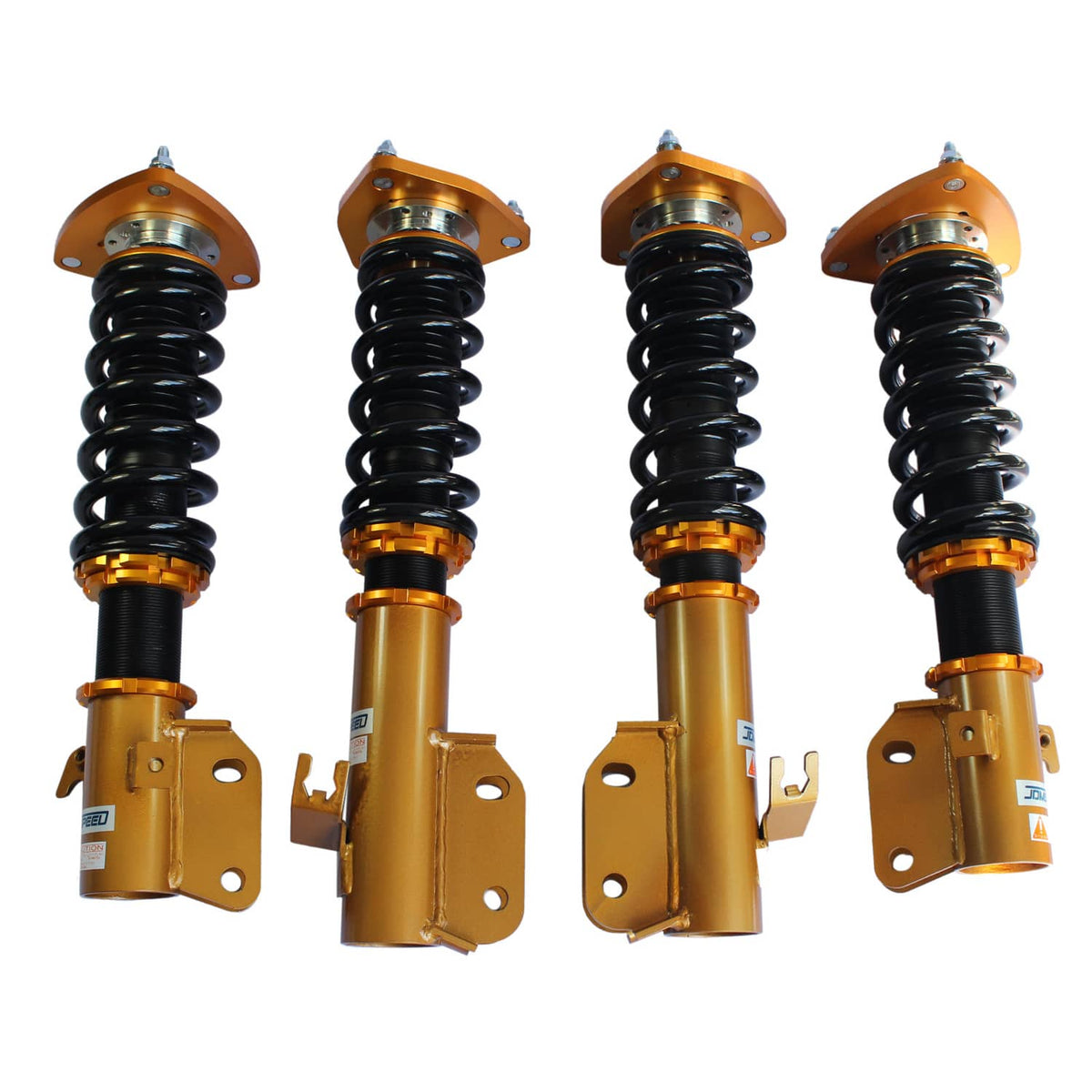Set of four gold coilover struts with black coil springs and metal mounting brackets