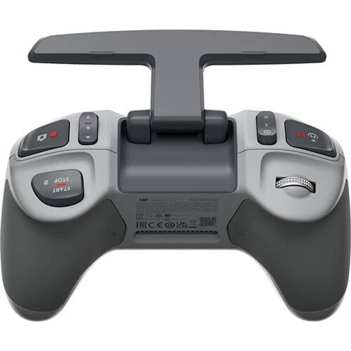 Grey FPV remote controller top front with face buttons, joysticks, and instruction lights