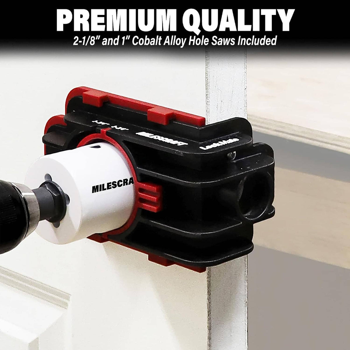 Door lock installation jig mounted on door frame with hole saw aligned at center