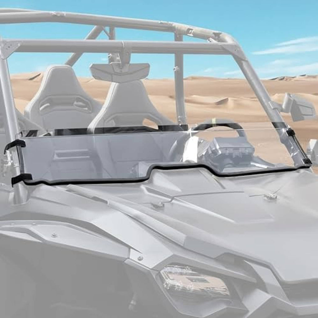 Clear front half UTV windshield panel with mounting hardware and bracket